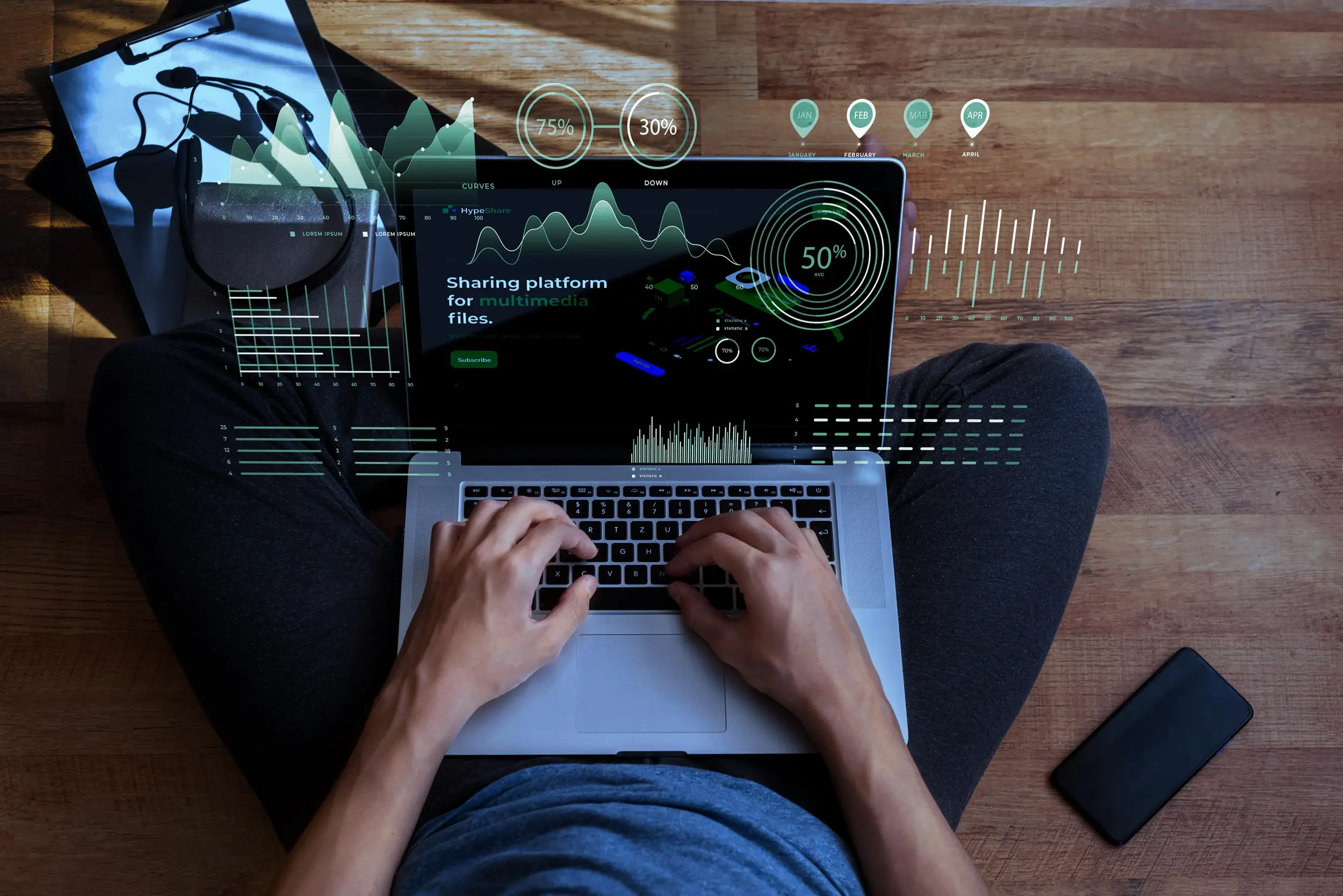 A person sits cross-legged on a wooden floor, typing on a laptop. Overlay graphics display data charts and statistics, conveying a tech-savvy atmosphere
