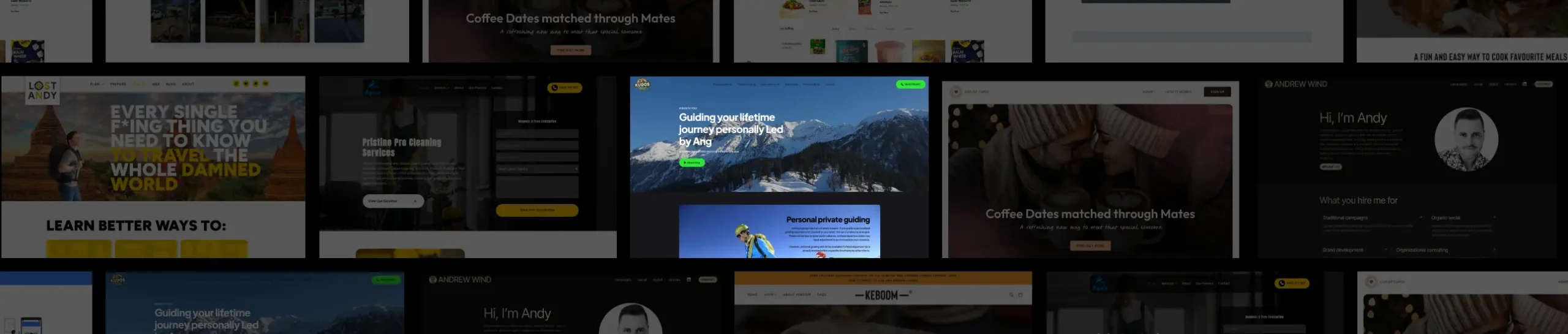 A collage of various website homepage designs, with a central image of snowy mountains. The mood is professional and tech-oriented, displaying diverse layouts