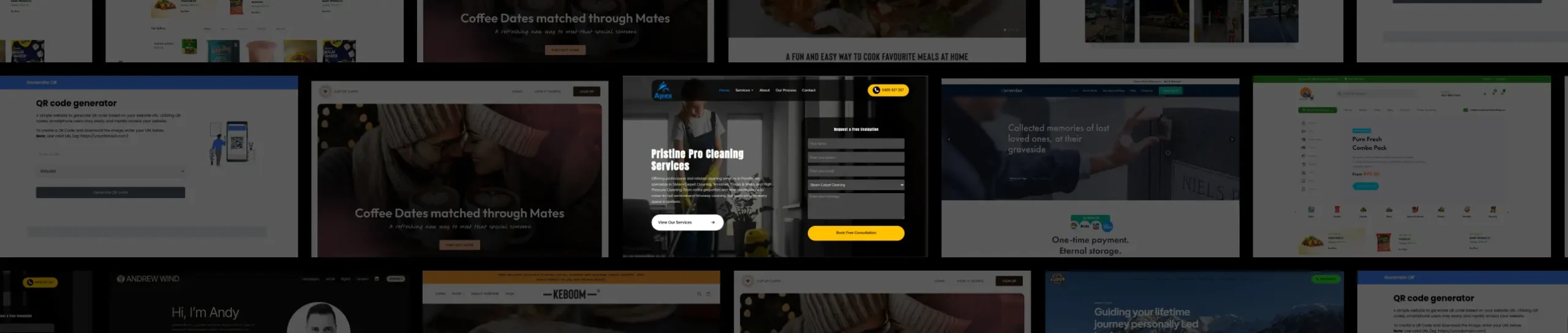 A collage of various website landing pages, mostly dark-themed, with a central focus on a site offering a free training session signup in white and yellow tones