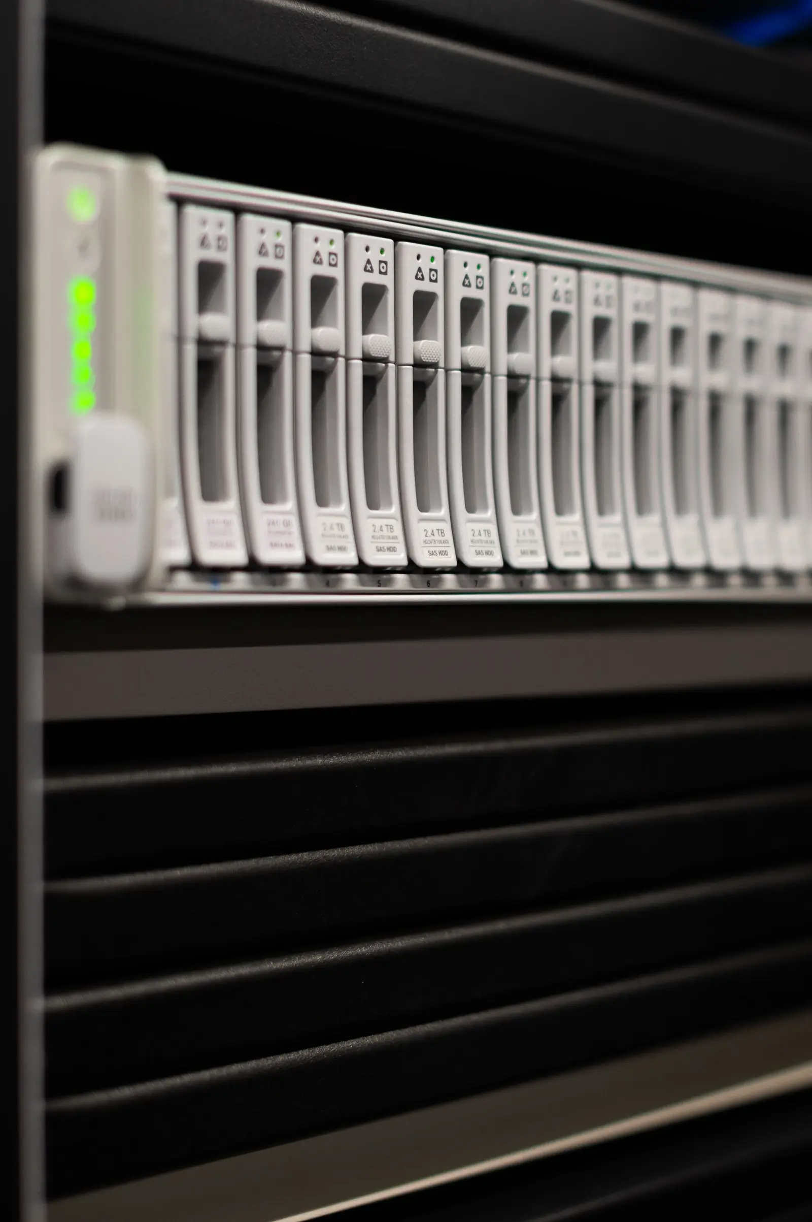 A row of white server drive bays with green status lights sits in a black rack, conveying an orderly, functional data center