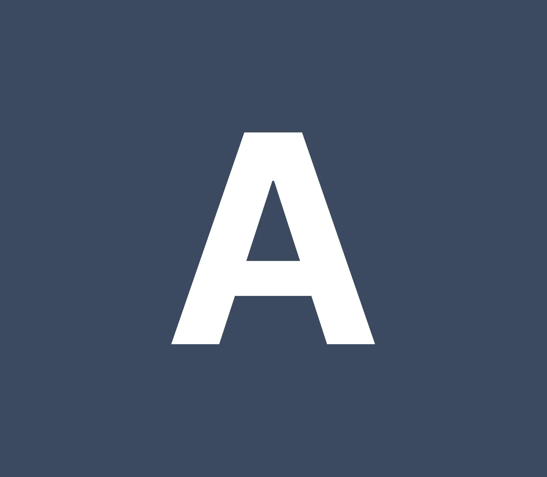 A bold white capital letter A centered on a solid dark blue-gray background, presented as a simple, high-contrast graphic