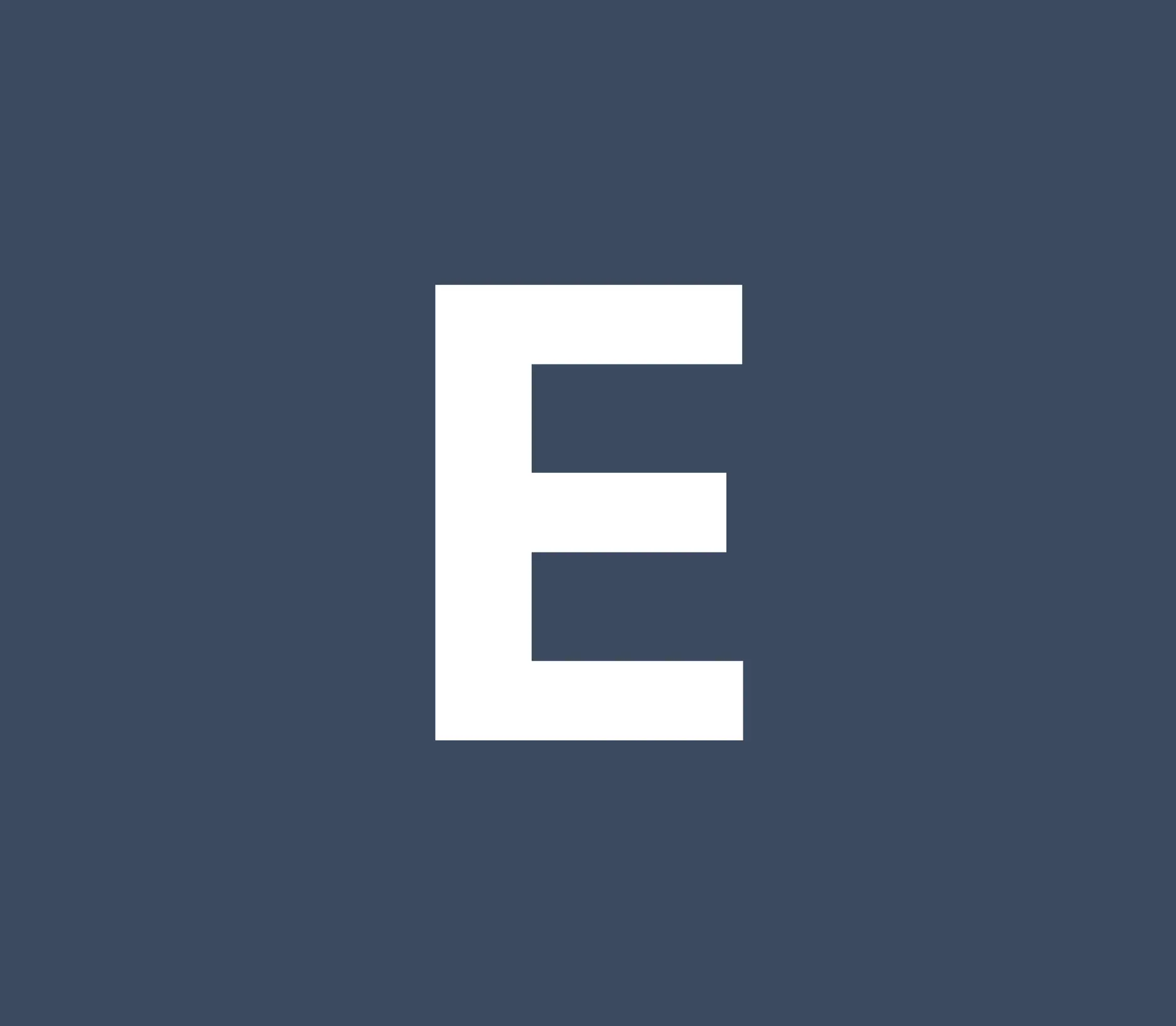 A bold white capital letter E centered on a solid dark blue-gray background, presented as a simple, high-contrast graphic