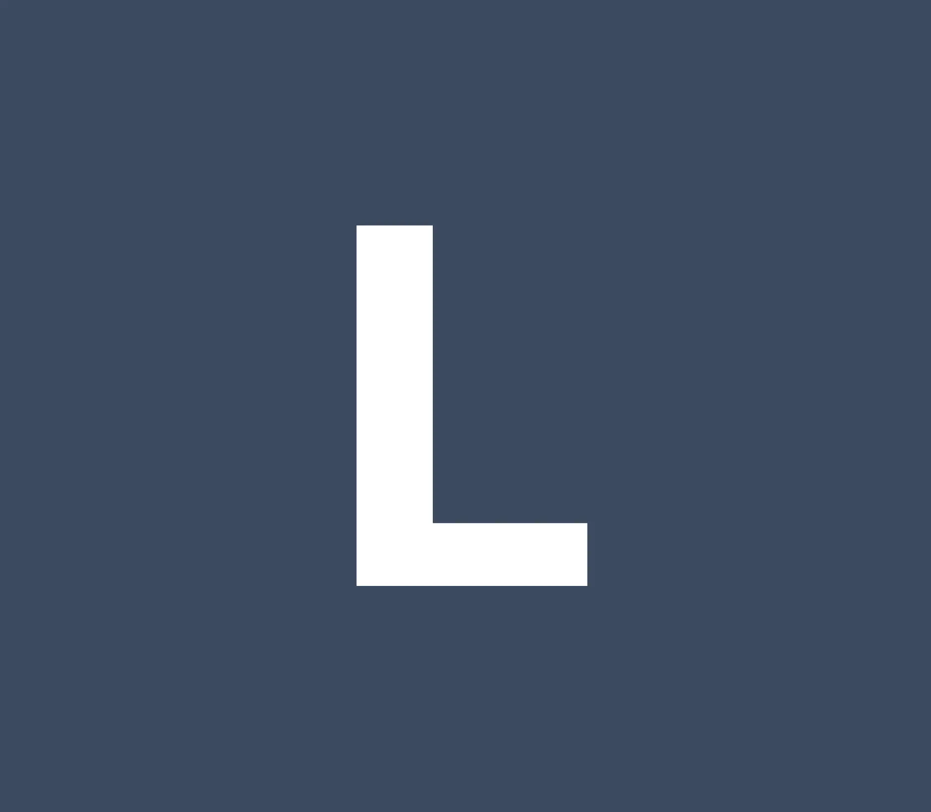 A bold white capital letter L centered on a solid dark blue-gray background, presented as a simple, high-contrast graphic