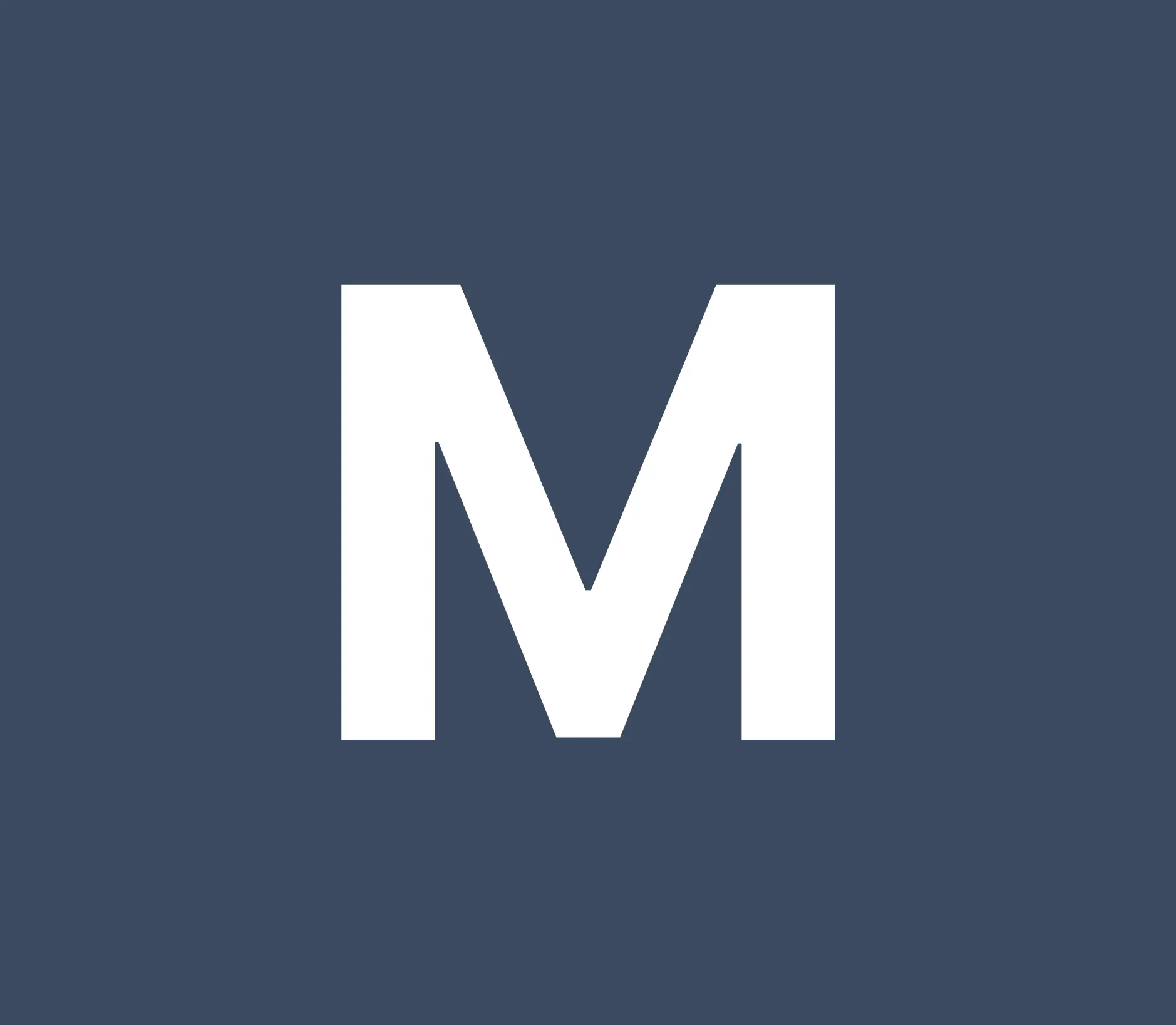 A bold white capital letter M centered on a solid dark blue-gray background, presented as a simple, high-contrast graphic