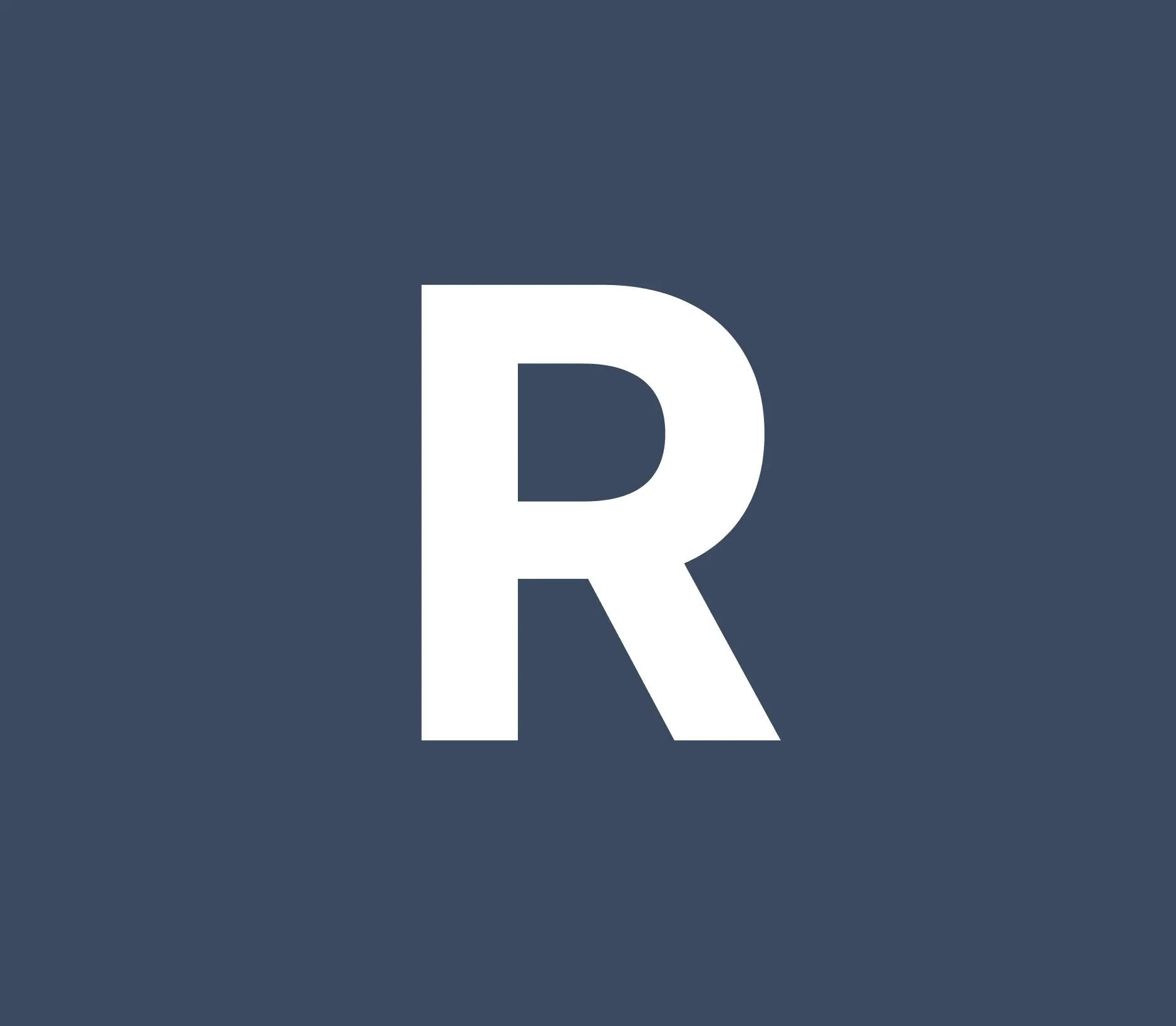 A bold white capital letter R centered on a solid dark blue-gray background, presented as a simple, high-contrast graphic