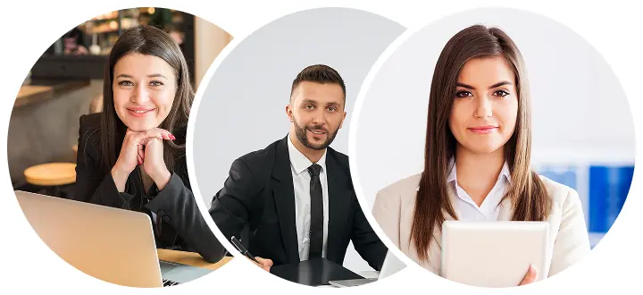 Three overlapping circular portraits show smiling professionals - a woman in a café, a man in a suit, and a woman holding a tablet - conveying a friendly, polished business tone