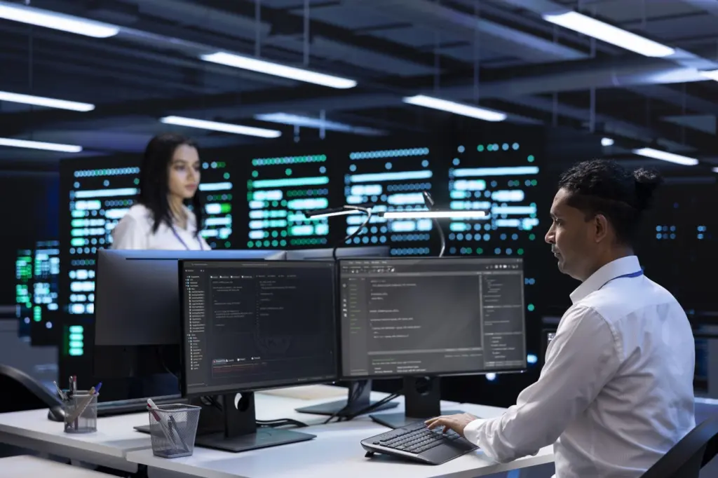 Two software engineers work at desktop computers in a modern data center, surrounded by glowing server racks; the focused scene feels calm and technical